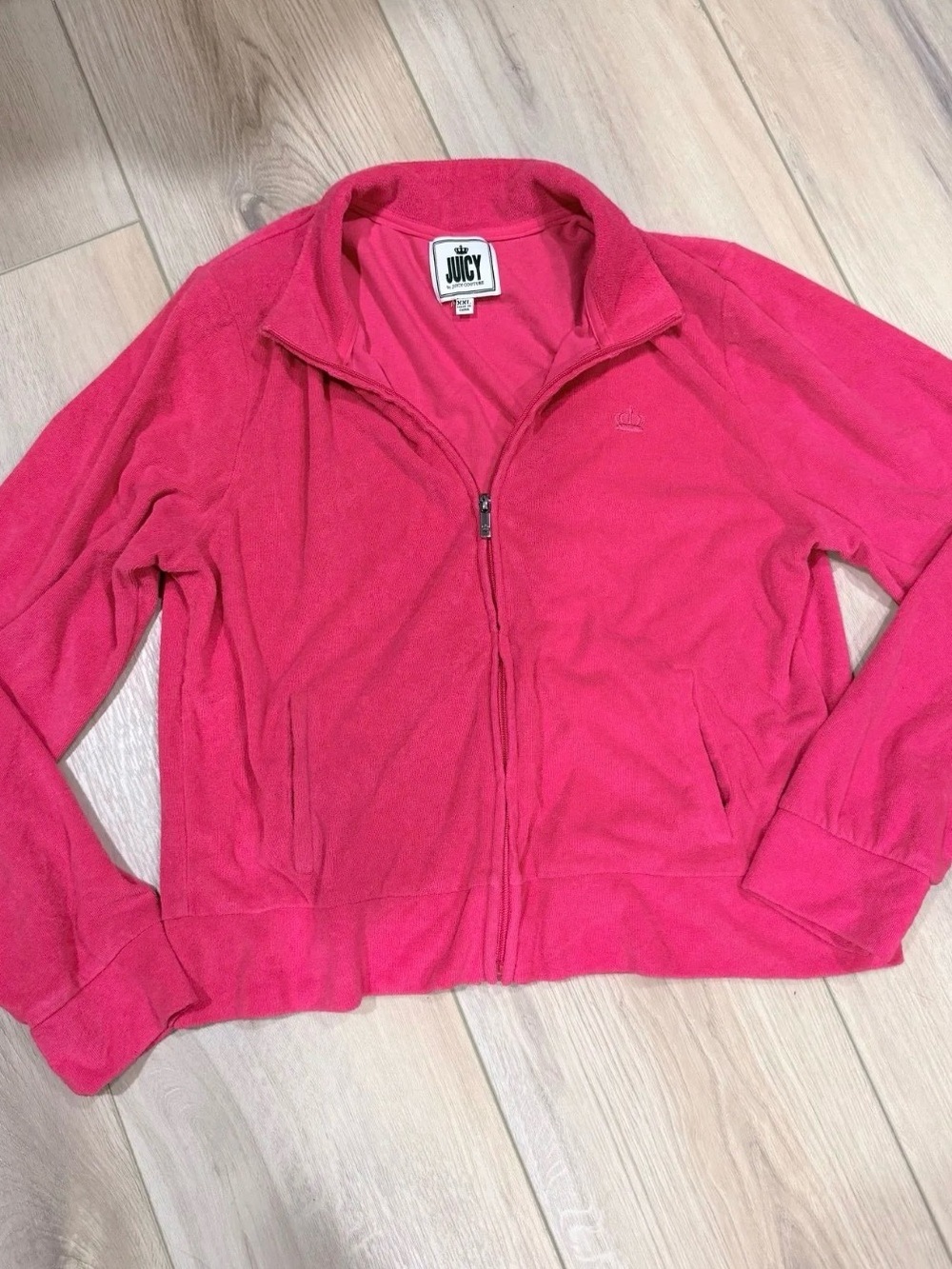 Juicy Couture Bright Pink Zip Front Velour Bomber Jacket